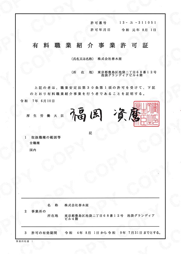 有料職業紹介事業許可証